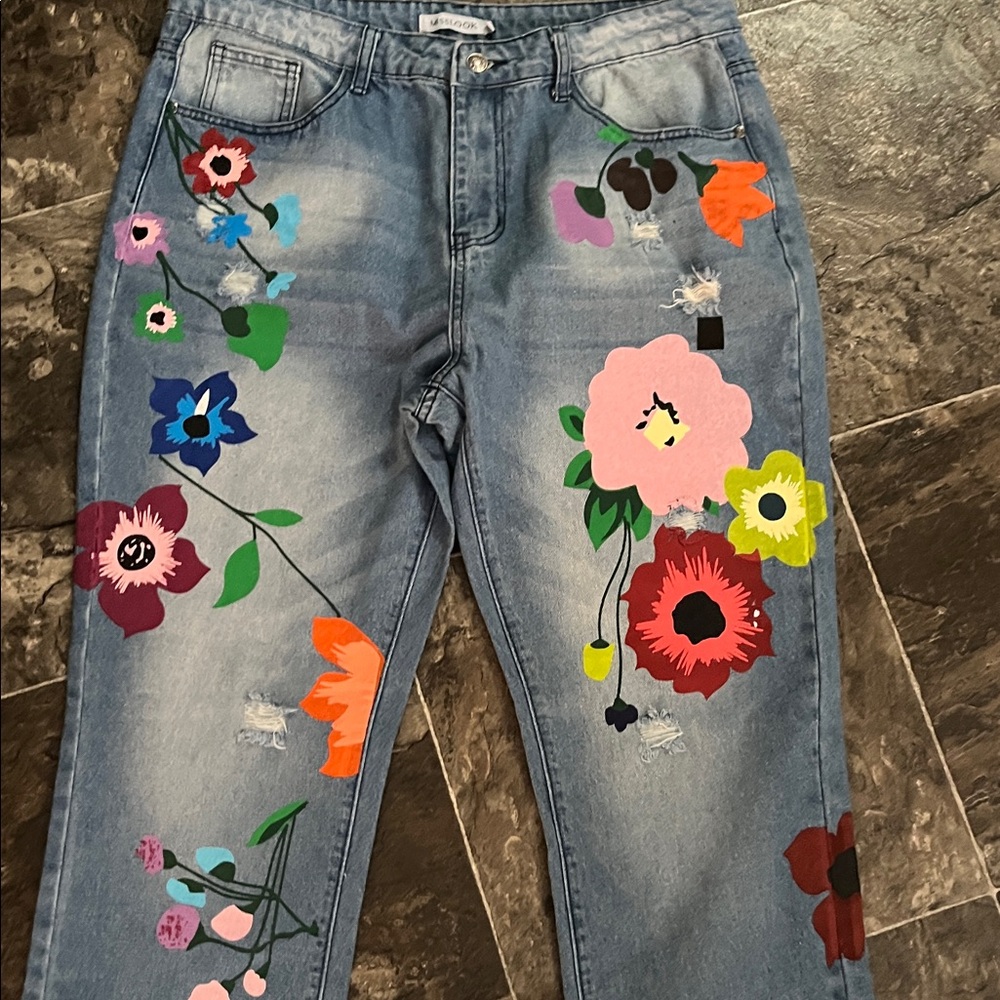 MissLook floral factory painted high rise jeans 4XL like new - Picture 2 of 6